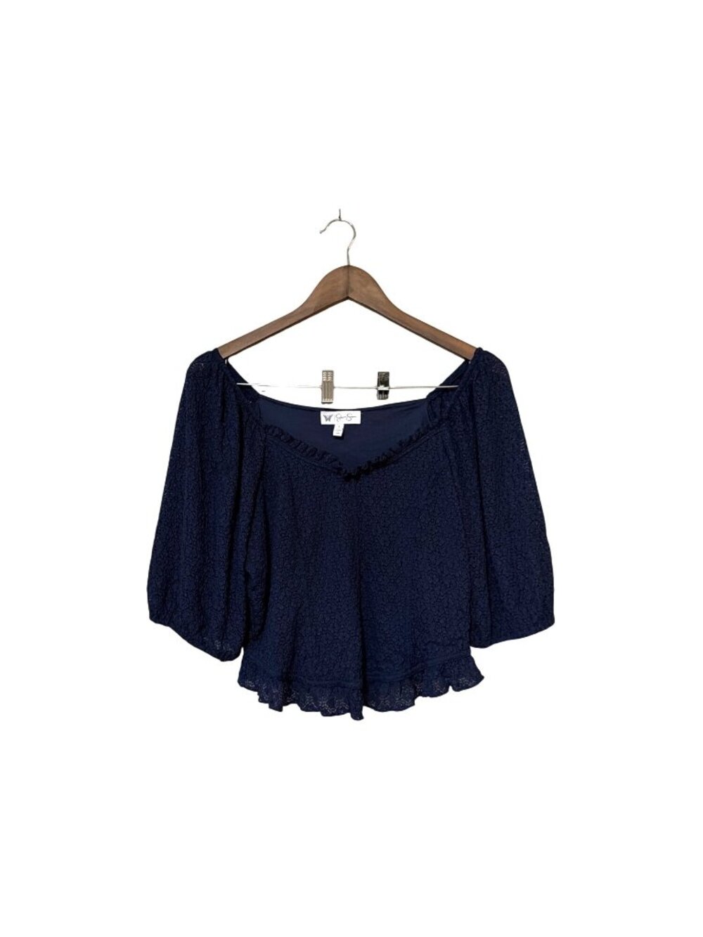 Jessica Simpson Navy‎ Off-Shoulder Textured Ruffle Hem Blouse L Crop Puff sleeve